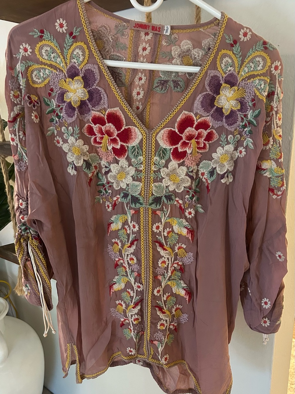 Johnny Was Mauve Floral Embroidered V-Neck Tunic with Red & Purple Accents